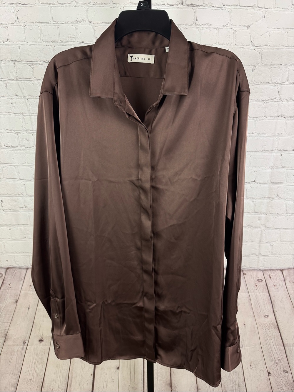 American Tall Chocolate Brown Satin Relaxed Button Up Blouse Top - Size XL Tall